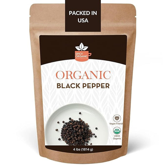 SPICY ORGANIC Whole Black Pepper - 4 lb. - Fresh and Aromatic Peppercorns, Perfect for Grinder Refill and Seasoning, USDA Certified Organic, Gluten-Free, Non-GMO Spice