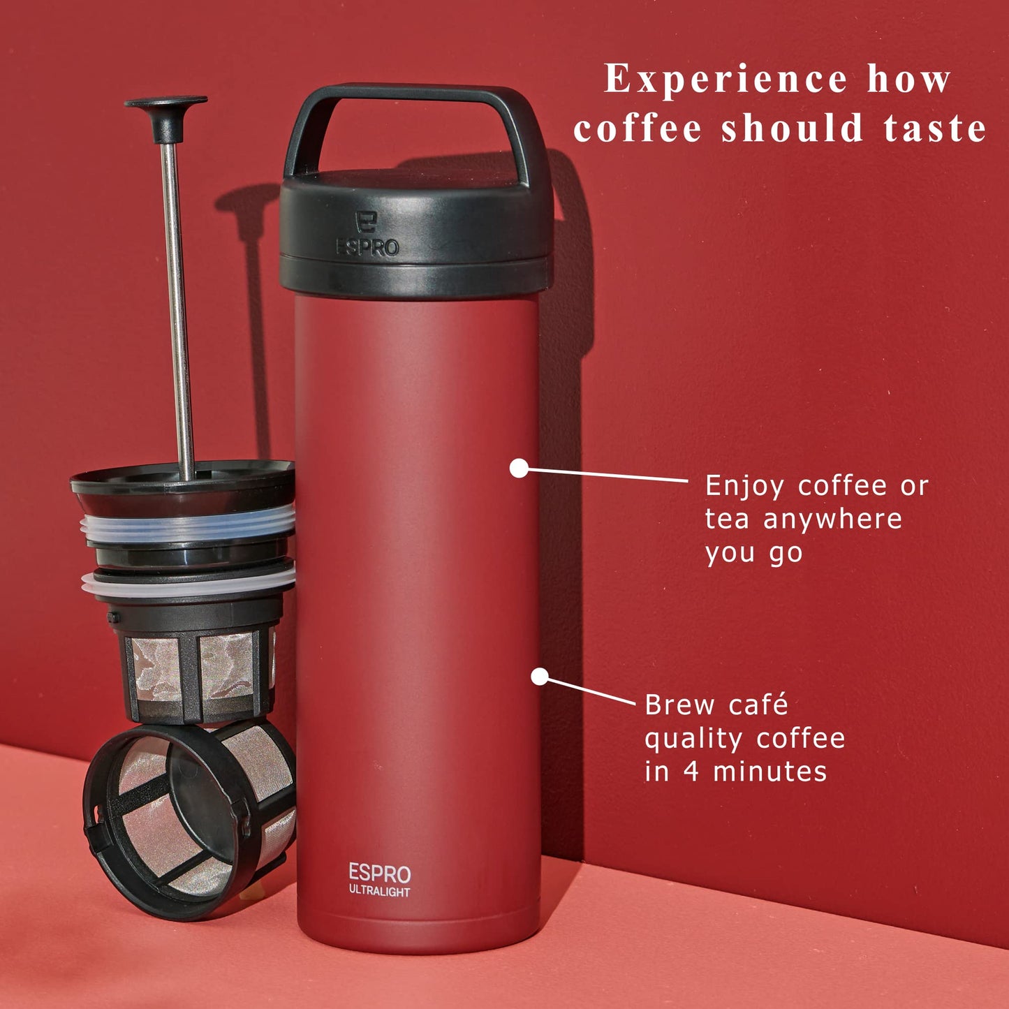 ESPRO Go P0 Ultralight French Press Coffee Maker for Travel, Vacuum Insulated Stainless Steel, 16