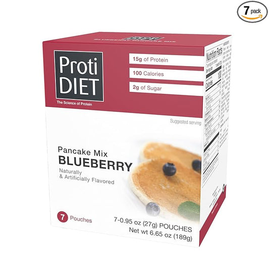 ProtiDIET Blueberry Protein Pancakes - Low Sugar, Low Fat, High Protein Snacks for Adults - Nutritious Meal Replacement - Perfect On-the-Go Protein Pancake Mix - 7 Blueberry Pancakes Per Box
