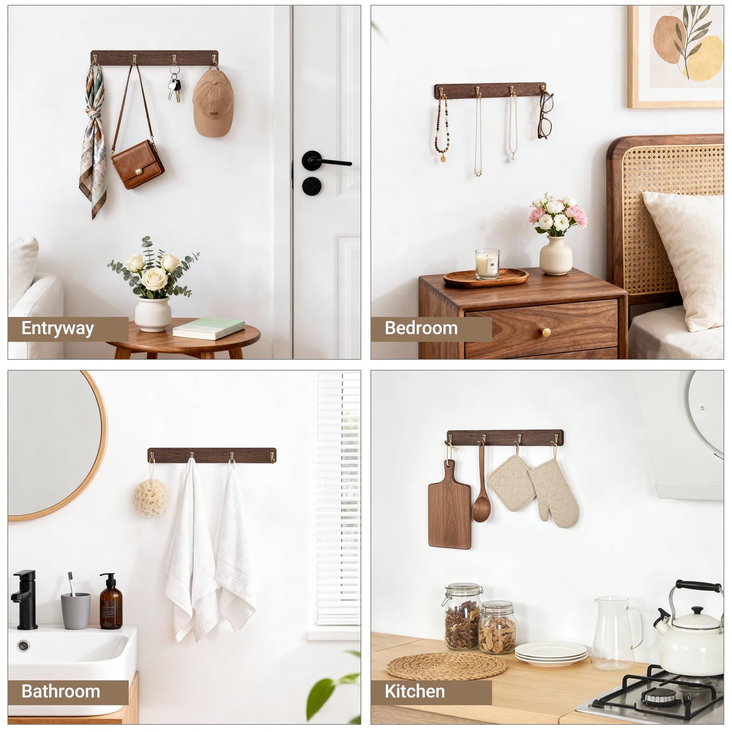 Mkono Wall Mug Holder, Wooden Coffee Cup Hanger Rack with 8 Hooks, Brown