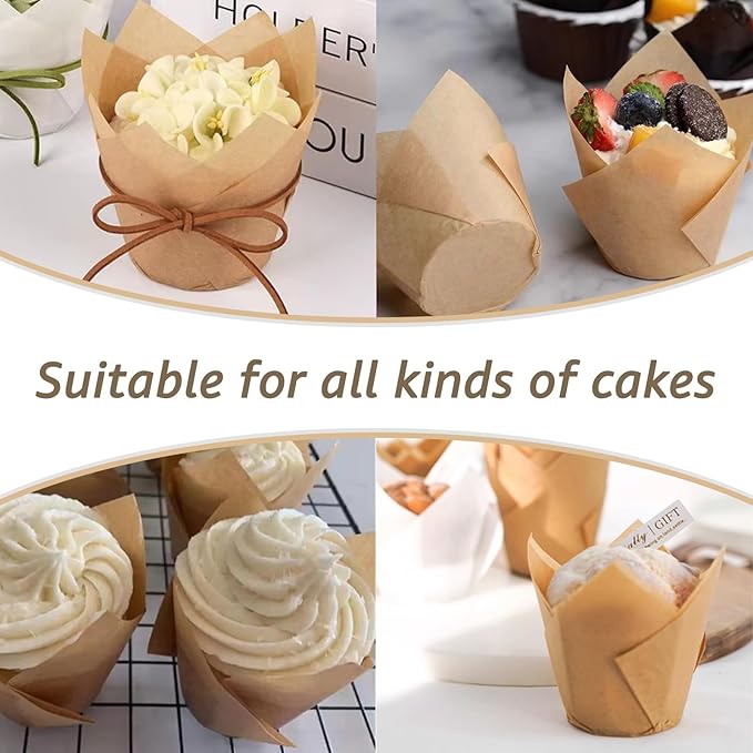 400 PCS Tulip Cupcake Liners Muffin Paper Baking Cups Parchment Paper Muffin Liners Holders Greaseproof Cupcake Wrapper for Party Wedding Birthday Parties Banquets, Natural