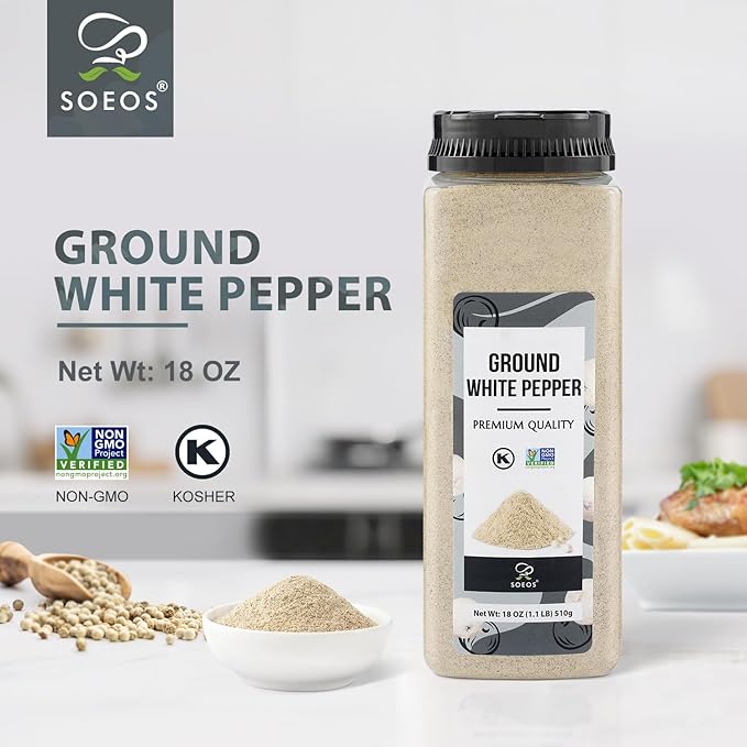 Soeos Ground White Pepper, 18oz (510g), Non-GMO, Kosher Certified, Fresh, Aromatic and All-Natural, White Peppercorns Powder, Perfect for Barbecue, Stir-Fry, Soup