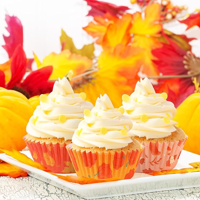 SANNIX 450pcs Fall Cupcake Liners, Thanksgiving Pumpkin Maple Leaf Cake Baking Cups Cupcake Wrappers Paper Wraps Muffin Liners for Autumn Thanksgiving Party Candy Cake Decorations Supplies(9 Designs)