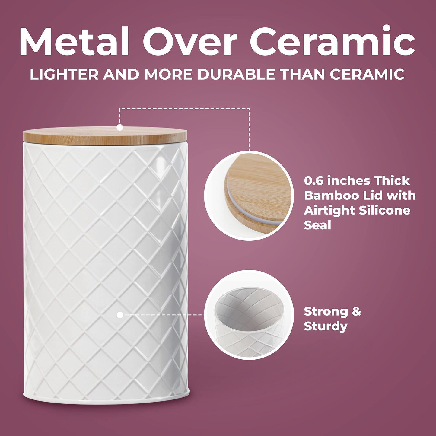 Pebble & Stem® White Metal Canister Set for the Kitchen Counter, Food Canister Set of 4, Airtight
