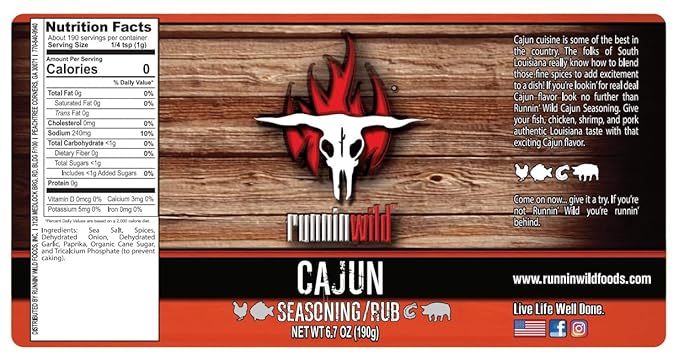 Gourmet Cajun Seasoning | No Artificial Flavors, No MSG added | Premium Cajun Rub for Chicken, Fish, Shrimp and Pork | Runnin Wild Foods, 6.7 ounces