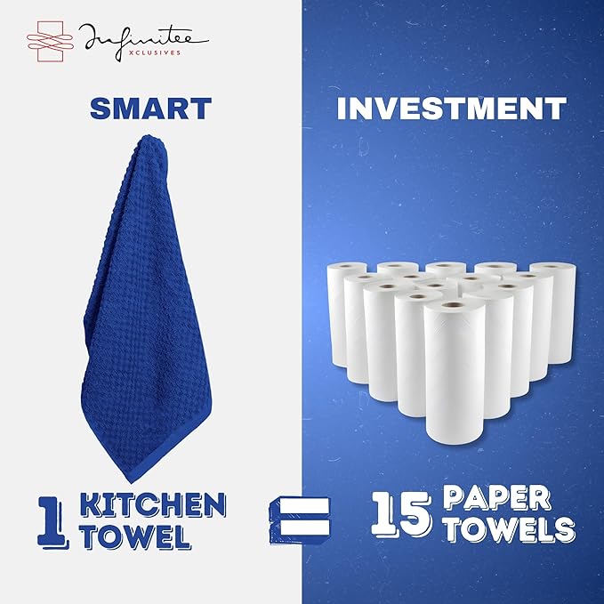 Infinitee Xclusives Premium Kitchen Towels ??Pack of 3, 100% Cotton |15 x 25| Inches Absorbent Dish Towels - Terry Kitchen Dishcloth Towels - Blue Dish Cloth for Household Cleaning