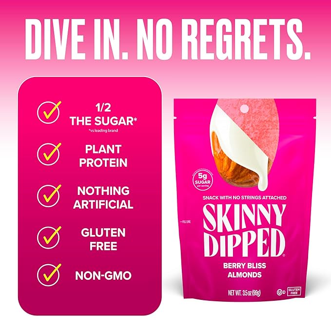 SkinnyDipped Berry Bliss Yogurt Covered Almonds, Healthy Snack, Plant Protein, Gluten Free, 3.5oz Resealable Bag, Pack of 5