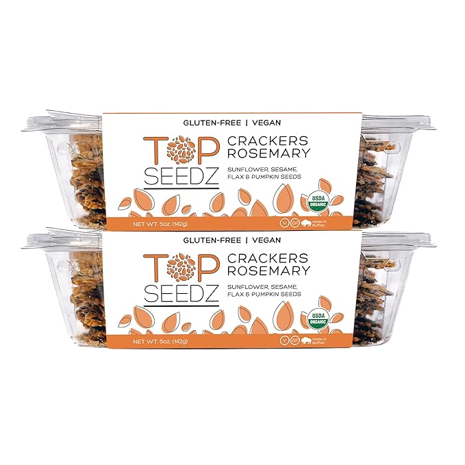 Top Seedz Certified Organic Gluten Free Rosemary Seed Crackers | 2-Pack | 5 Ounces | Healthy Vegan Crackers with Plant Based Protein | Made of Sunflower, Flax, Sesame and Pumpkin Seed