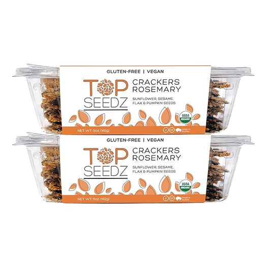 Top Seedz Certified Organic Gluten Free Rosemary Seed Crackers | 2-Pack | 5 Ounces | Healthy Vegan Crackers with Plant Based Protein | Made of Sunflower, Flax, Sesame and Pumpkin Seed
