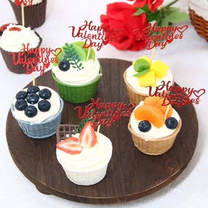 24pcs Happy Valentine's Day Cupcake Toppers with Red Heart Glitter Sweet Love Valentines Cupcake Picks for Engagement Anniversary Valentine's Day Theme Birthday Party Cake Decorations