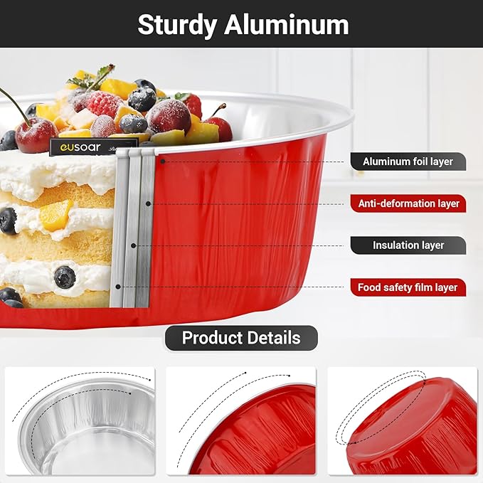 EUSOAR Cake Containers with Lids, 25pcs 9oz Red Disposable Ramekins, Muffin Liners for Baking Dessert Cups Holders with Lids Cupcakes Bread Pudding Round Wrappersfor Wedding Birthday Theme Party