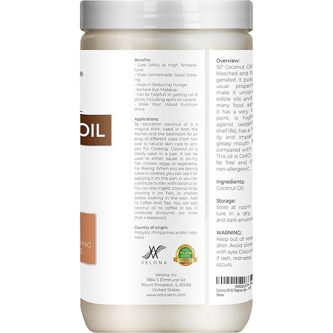 Coconut Oil 92 Degree by Velona - 32 fl oz | 100% Pure and Natural Carrier Oil | in jar | Refined, Cold pressed | Skin, Face, Body, Hair Care | Use Today - Enjoy Results