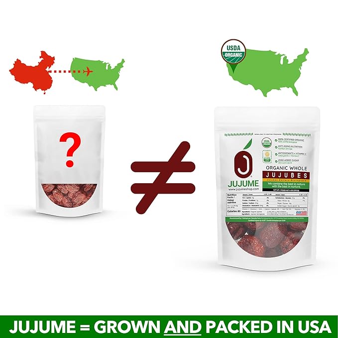 JUJUME | USDA Organic California Grown Jujubes Red Dates | Individually Sorted 3X for QA | High Grade Superfood | Healthy Dried Fruit | Certified All-Natural Non-GMO | 4-pack 6 oz bags