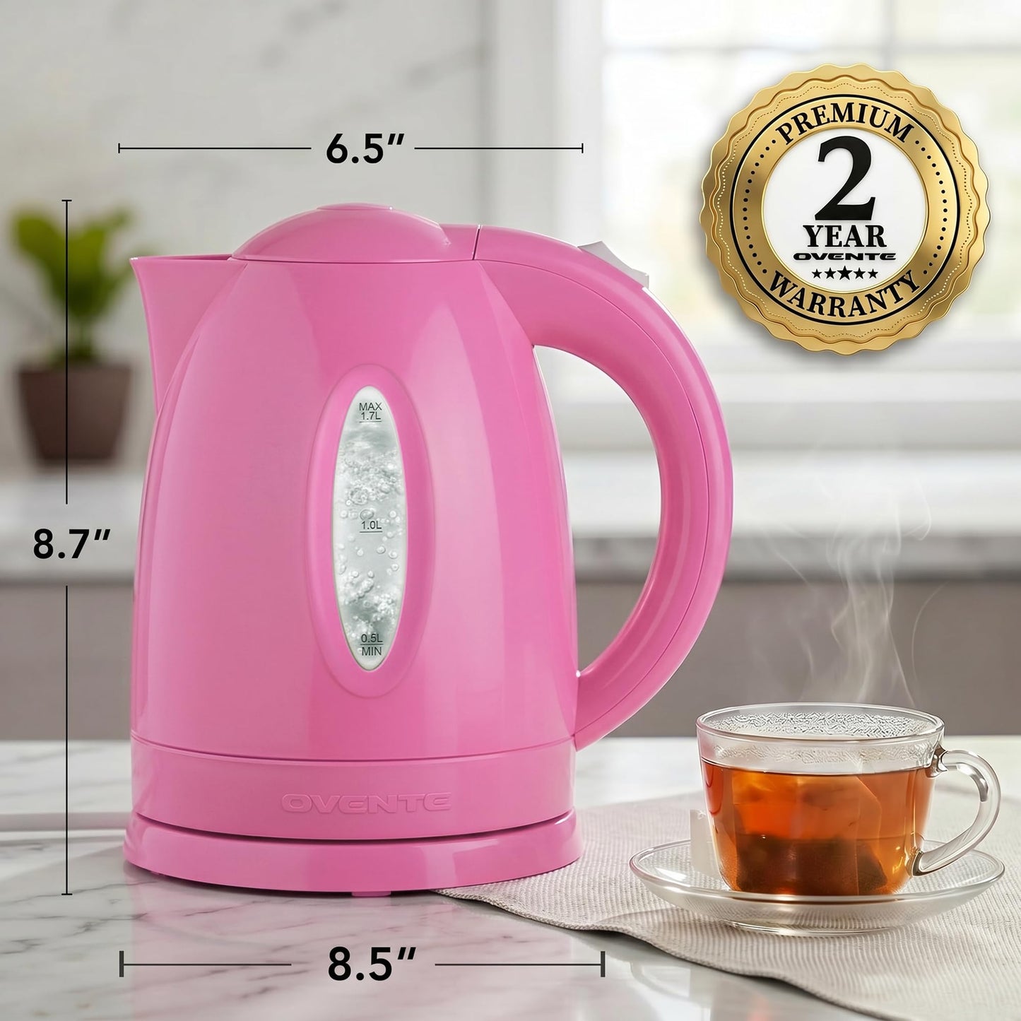 OVENTE 1.7L Electric Kettle with 1100W Fast Boiling Water, Pink KP72P