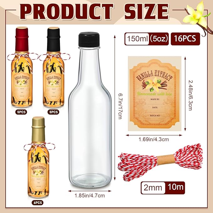 Tioncy 16 Pcs Vanilla Extract Bottles for Homemade Vanilla Jar Glass Bottle with Cap, Shrink Band, Sticker Syrup Gift Food Storage Canister for Bean Sauce Spice (Black, Red, Gold,5 oz)