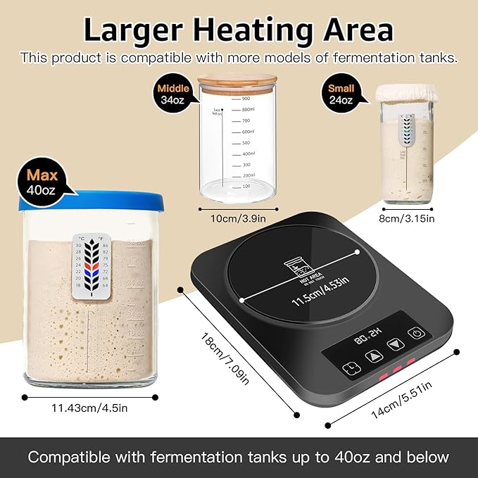 Sourdough Starter Warmer 3.0 – Precise 1°F Thermostat Control (70–100°F), Auto On/Off, 12-Hour Timer, Fits Jars Up to 40oz, Ideal for Home Baking and Fermentation