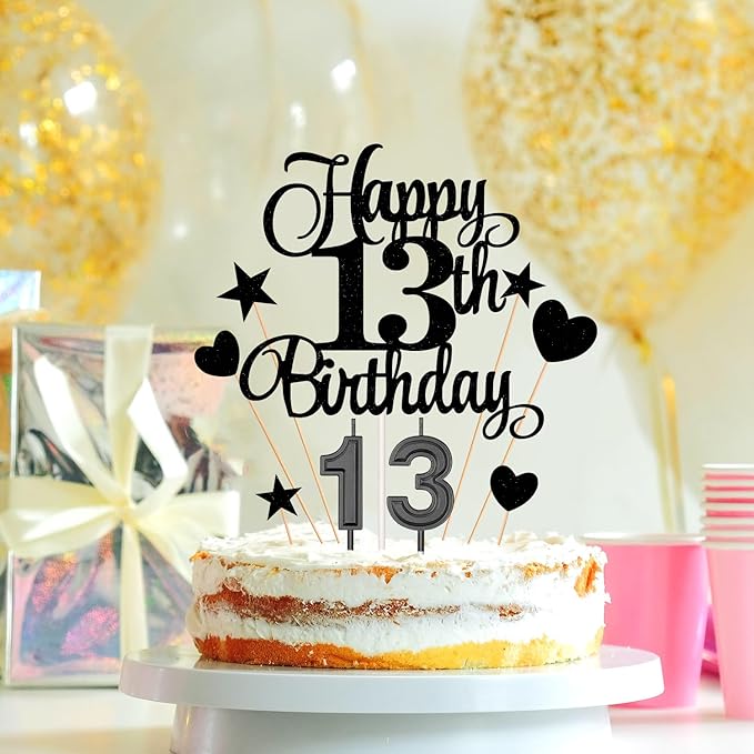 13th Birthday Cake Decorations Set Include 13th Birthday Candles Numeral 13 Cake Candles and Happy 13th Birthday Cake Toppers with Heart Star Cupcake Picks for Birthday Party (Black Series)