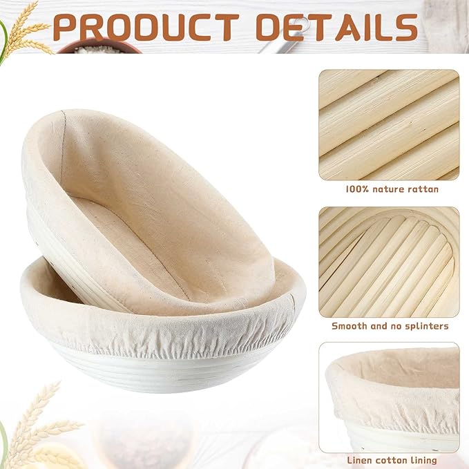 Nuanchu 4 Pcs Proofing Basket 9 Inch Round Bread Proofing Basket 10 Inch Oval Rattan Baking Bowl for Sourdough Bread Baking Home Bakers