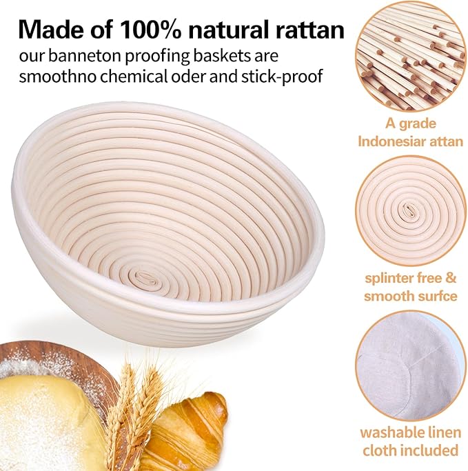 Banneton Bread Proofing Basket Set of 2, 9 Inch Round &10 Inch Oval Sourdough Bread Baking Suppliest, with Linen Liner,Danish Whisk,Bread Lame,Doung Scarper, Cleaning Brush for Bread Baking
