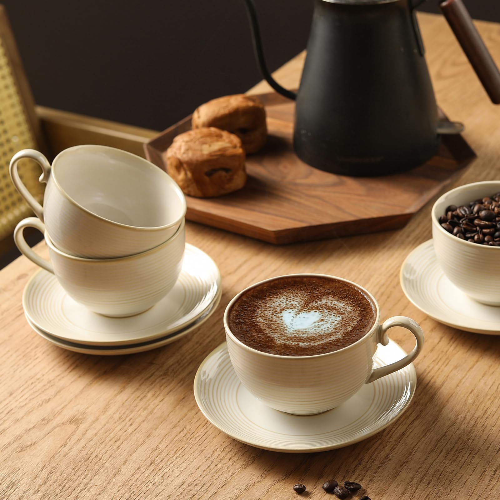 Feenmai 12Oz Coffee Cups with Saucers, Ceramic Espresso Cup Set of 4, Cappuccino Cups Set, Tea Mugs