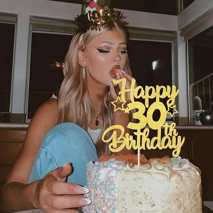 1 Pack Happy 30th Birthday Cake Topper Glitter Heart Star 30 Fabulous Cake Pick Birthday Sign Cake Decorations for 30th Birthday Theme Party Supplies Gold