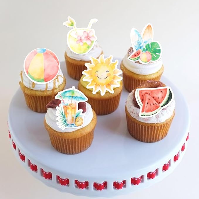 60 Pack Edible Summer Beach Theme Cake Topper Umbrella Chair Palm Tree Watermelon Coconut Cake Pick Hawaiian Beach Cupcake Decorations for Baby Shower Birthday Wedding Party Supplies