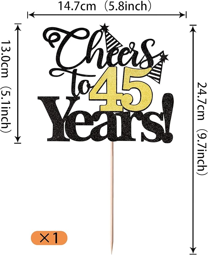 Rsstarxi 1 Pack Cheers to 45 Years Cake Topper Glitter Forty Five Years Old 45th Birthday Cake Pick 45 Fabulous Cake Decorations for Happy 45th Birthday Wedding Anniversary Party Supplies Black