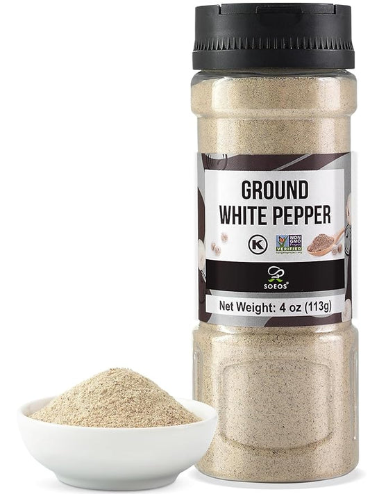 Soeos Ground White Pepper, 4 oz, Non-GMO, Kosher Certified, Fresh, Aromatic and All-Natural, White Peppercorns Powder, Perfect for Barbecue, Stir-Fry, Soup