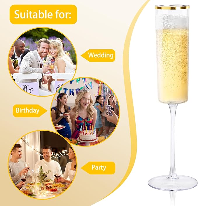 Ciaell 24 Pack Plastic Champagne Flutes - 6Oz Gold Rim Disposable Champagne Glasses - Square Clear Plastic Toasting Glasses for Party Birthday Anniversary Wedding Thanksgiving