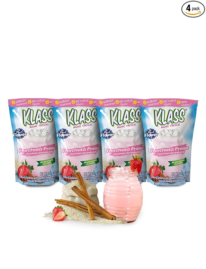 Klass Aguas Frescas | Drink Mix | Horchata & Strawberry Horchata | Flavors From Natural Sources, No Artificial Flavors, With Vitamin C (Makes 7 to 9 Quarts) 14.1 Oz Family Pack (4Pack)