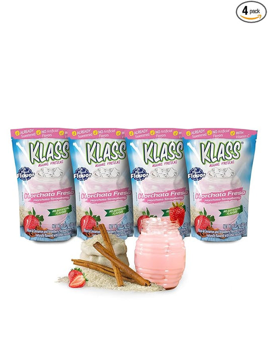 Klass Aguas Frescas | Drink Mix | Horchata & Strawberry Horchata | Flavors From Natural Sources, No Artificial Flavors, With Vitamin C (Makes 7 to 9 Quarts) 14.1 Oz Family Pack (4Pack)