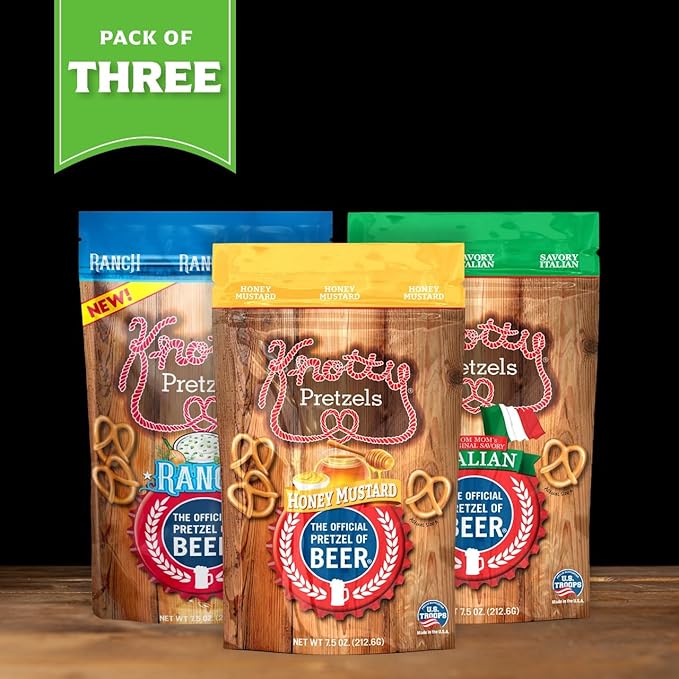 Knotty Pretzels ???쏷he Official Pretzel of Beer??7.5 Ounce Pretzel in Resealable Snacks Bags, Flavored Pretzels, Savory Italian, Honey Mustard, Ranch - Savory Variety (3 Pack)