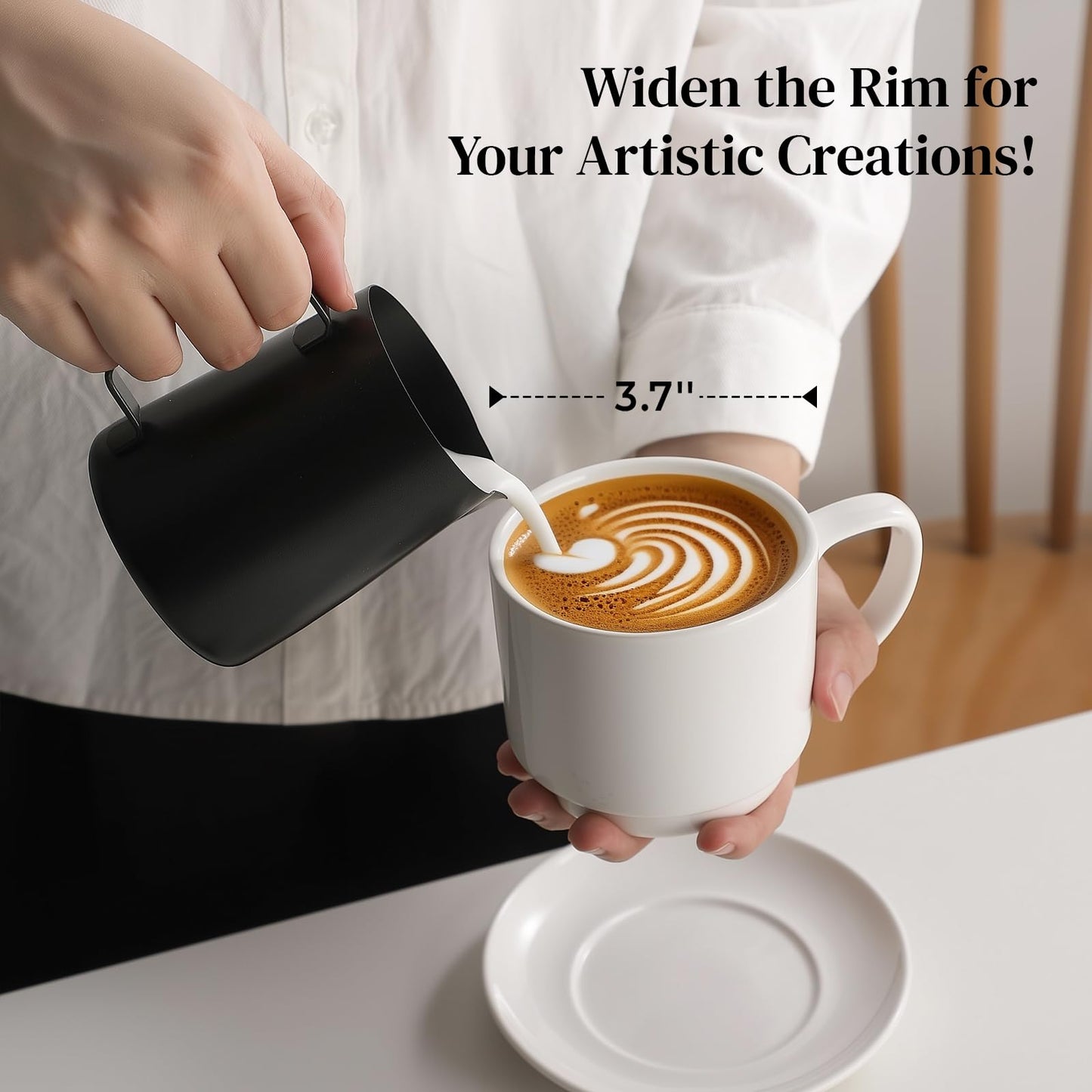 DOWAN 12oz Coffee Mugs, Cappuccino Cup and Saucer Set of 4, White Ceramic Coffee Cups for