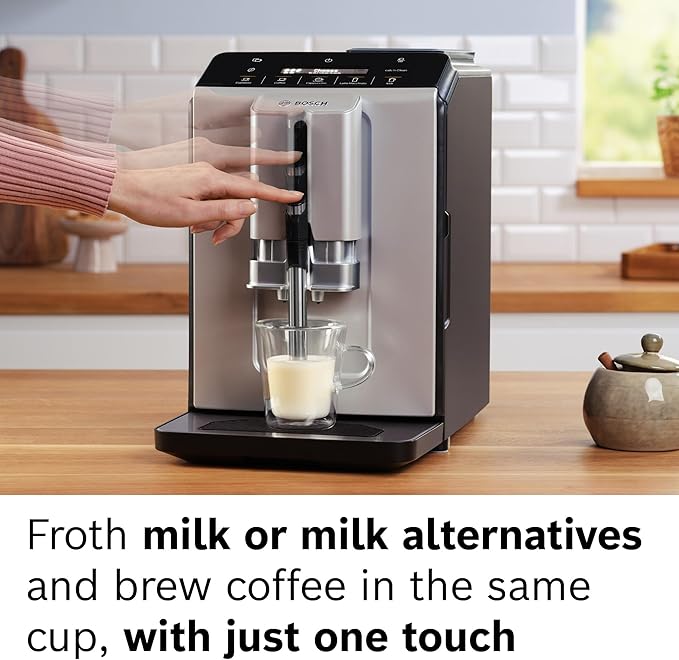 Bosch 300 Series Fully Automatic Espresso and Coffee Machine ??In-Cup Frother, OneTouch Milk Drinks, 5 Drink Options, Ceramic Grinder, Easy Clean & Descale, in Silver TIU20307