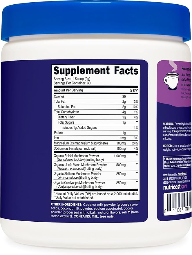 Nutricost Nutrizen PM Unwind Adaptogenic Mushroom Drink (Chocolate Flavored) 30 Servings - Includes Reishi, Lion's Mane, Shiitake, Cordyceps