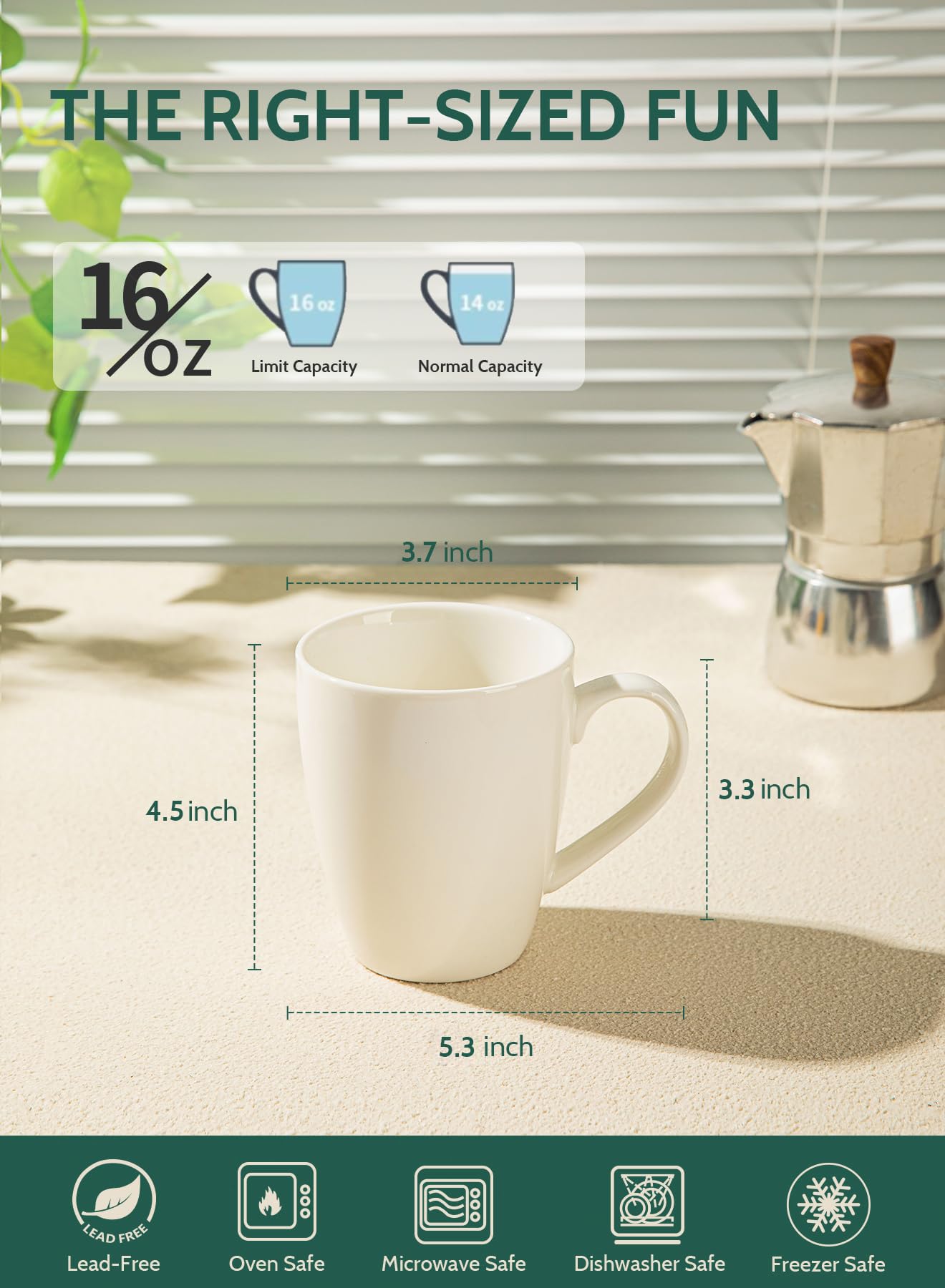 Sweese Porcelain Coffee Mugs - 16 Ounce - Set of 6, Cups for Latte, Hot Tea, Cappuccino, Mocha