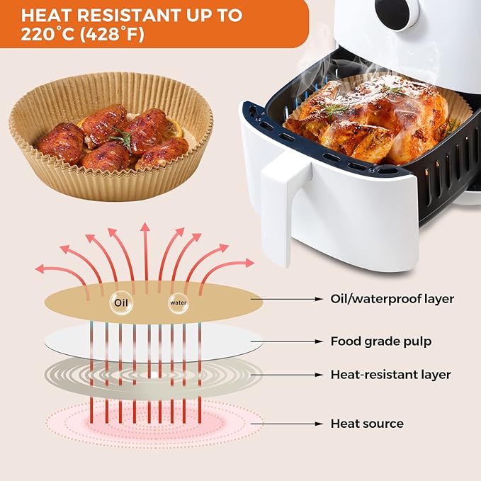 Vailnd Disposable Air Fryer Paper Liners, 9 Inch Max Xl Large Cooker Airfryer Parchment Paper Liners, 100Pcs Oil Proof Round Basket Bowl Liner Baking Paper for 8-12 QT Air Fryer Microwave