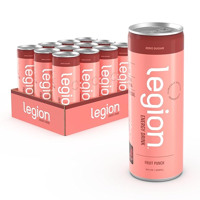 Legion Energy Drink - Naturally Sweetened and Flavored Healthy Energy Drinks - Sugar Free Energy Drinks w/Natural Caffeine, Theanine, Taurine, Citicoline and B Complex Vitamins (12 Pack) Fruit Punch