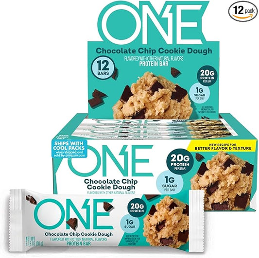 ONE Protein Bars, Chocolate Chip Cookie Dough, Gluten Free with 20g Protein and 1g Sugar, Pantry Staples, 2.12 oz (12 Count)
