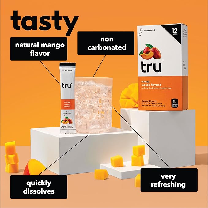 Tru Energy Powder, Natural Caffeine Supplement with Green Tea Extract, Pre Workout Drink Mix with Vitamin B6, Vitamin B12, Monk Fruit & Stevia, Sugar Free, Gluten Free, Vegan, Mango Flavor, 12 Packets