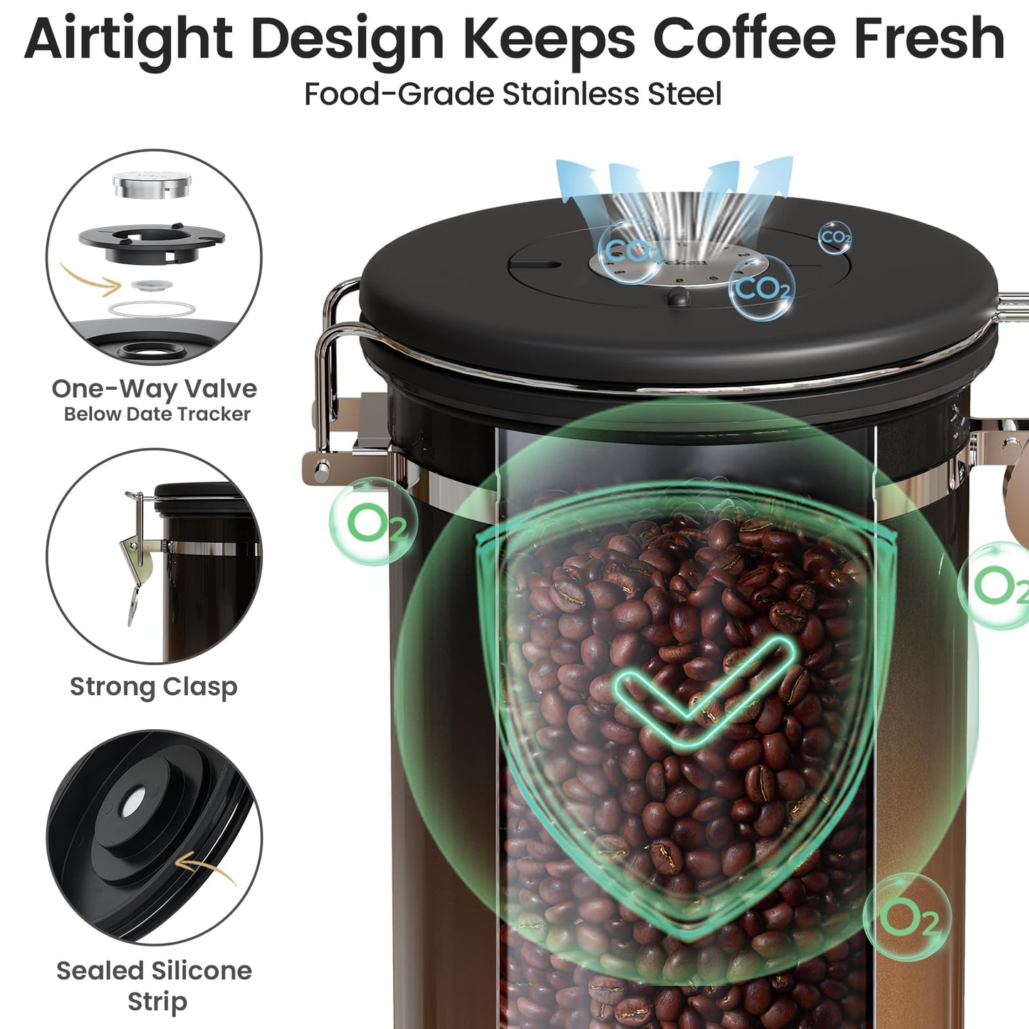 Veken Coffee Canister with Window, Airtight Stainless Steel Container, 22OZ