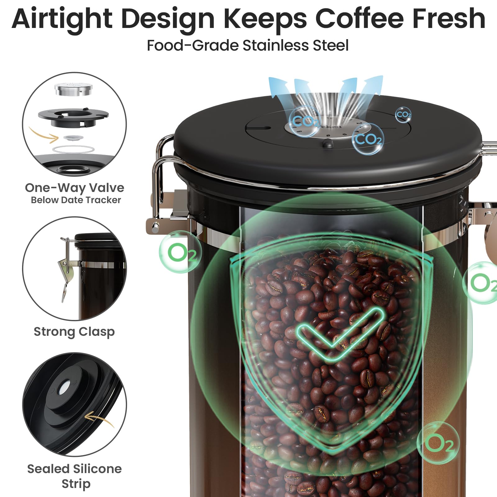 Veken Coffee Canister with Window, Airtight Stainless Steel Container, 22OZ