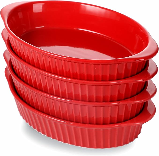 LEETOYI Porcelain Small Oval Au Gratin Pans,Set of 4 Baking Dish Set for 1 or 2 person servings, Bakeware with Double Handle for Kitchen and Home, Red
