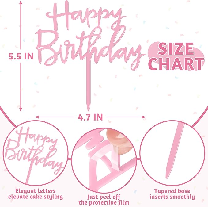 1 PCS Happy Birthday Cake Topper, 4.7 Inches x 5.5 Inches Acrylic Cake Topper, Pink Crisp Lettering Birthday Cake Decorations for Kids, Adults, Dessert, Birthdays Party, Table, Photo Booth