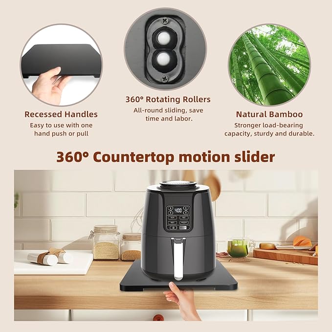360째 Rolling Tray Bamboo Appliance Slider for Kitchen Appliances, Coffee Maker Mat Tray for Countertops Sliding Tray for Coffee Maker Appliances Mat Easily from Under The Cabinet Black 11.6횞13.9