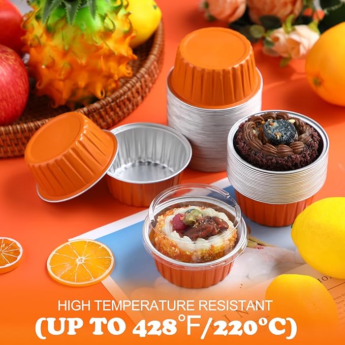 Gejoy 400 Pcs Aluminum Foil Baking Cups with Lids 5 oz Disposable Ramekins Mini Cake Pans Creme Brulee Cupcake Liners Muffin Tins Flan Mold Dessert Container for Wedding(Orange,Classic)