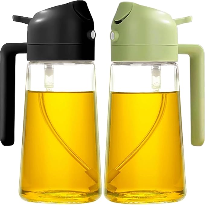 Oil Sprayer for Cooking 2 in 1, 470ml/16oz, Oil Spray & Dispenser Glass Bottle, Food-grade material for Kitchen, Salad Dressing, Frying, Air Fryer & BBQ (Green&Black)