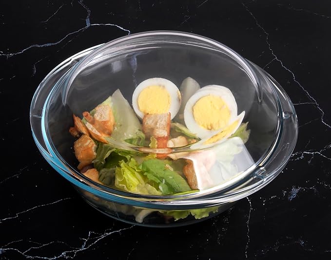Round Glass Casserole Dish with Lid, Nesting Glass Baking Dish, Heat, Cold and Shock Proof, Oven, Freezer and Dishwasher Safe (1L)