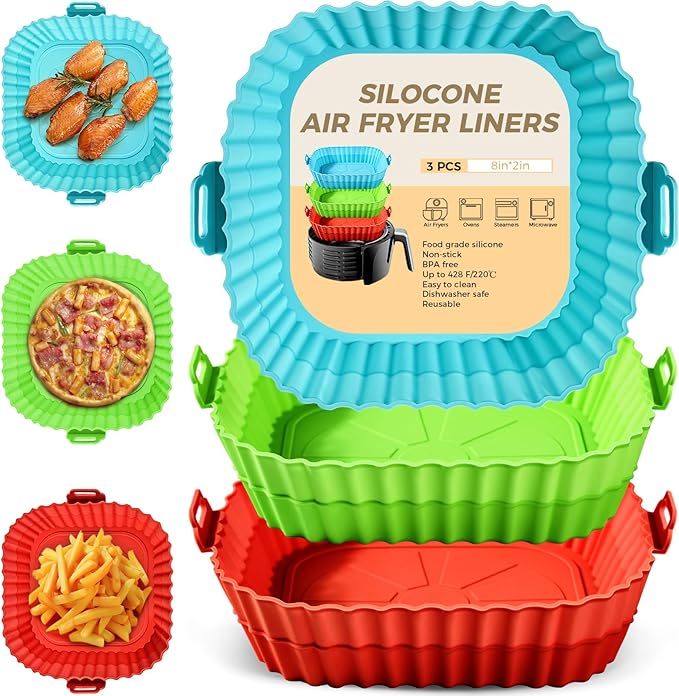 3 Pack Air Fryer Silicone Liners 8inch Air Fryer Silicone Pot Reusable Food Grade Silicone Airfryer Liners Baking Basket Accessories Replacement of Flammable Disposable Parchment Paper