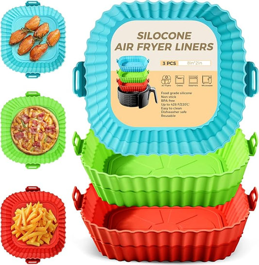 3 Pack Air Fryer Silicone Liners 8inch Air Fryer Silicone Pot Reusable Food Grade Silicone Airfryer Liners Baking Basket Accessories Replacement of Flammable Disposable Parchment Paper